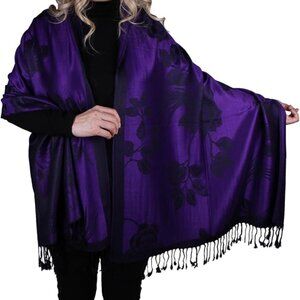 TZ Promise Women Soft Silky Pashmina Reversible Floral Rose Shawl Wrap Scarf w/F
